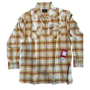Kimes Ranch Flannel Western Shirt NWT Women’s Sz S Gold Plaid Snap Button SAMPLE
